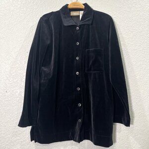 Liz Claiborne LIZWEAR‎ Button Up Top Sz M Black Velvet Tunic Stretch Loose Fit